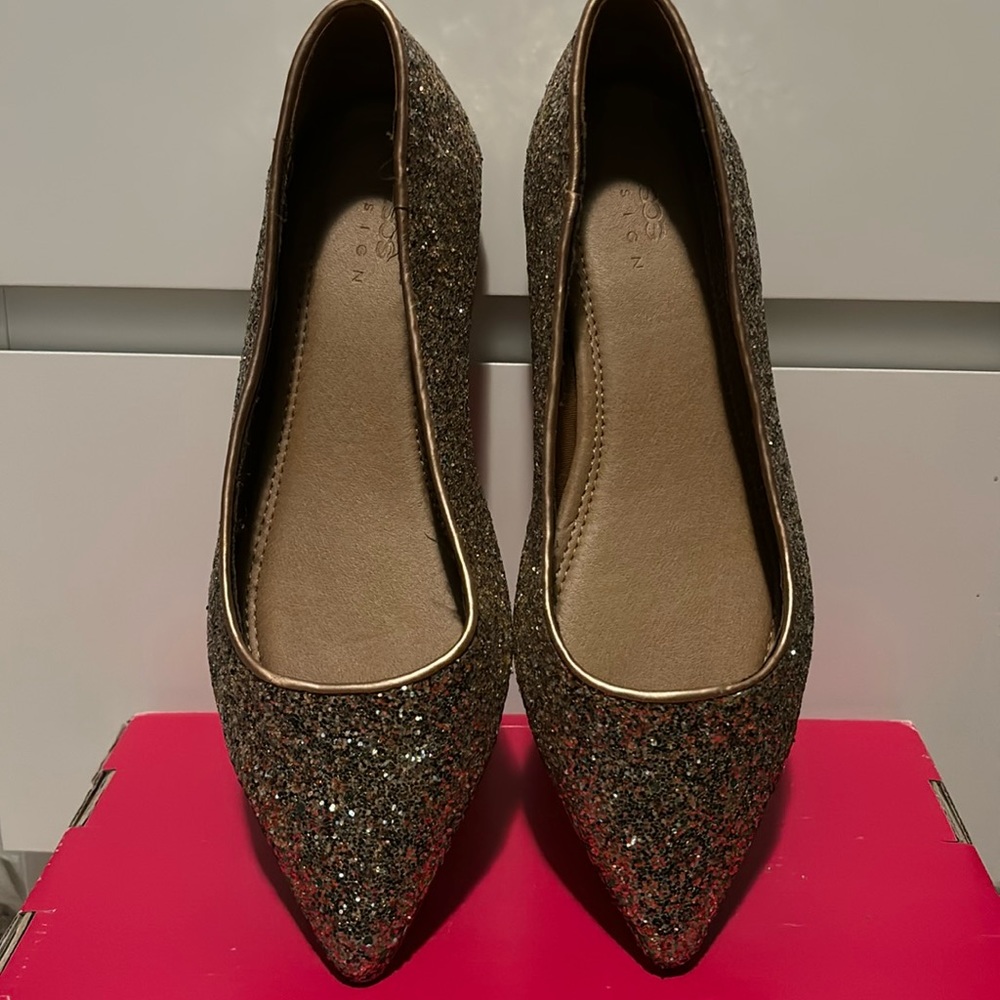 ASOS DESIGN Lucky pointed ballet flats in rose gold glitter